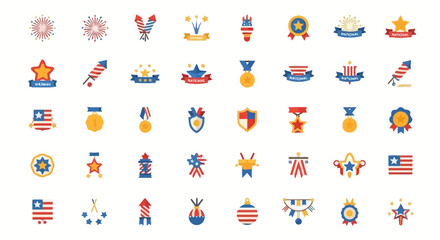 Obraz premium American patriotic icons, USA symbols, colorful emblems, star-spangled badges isolated on White Background 4th july, indipendent day , Editable EPS