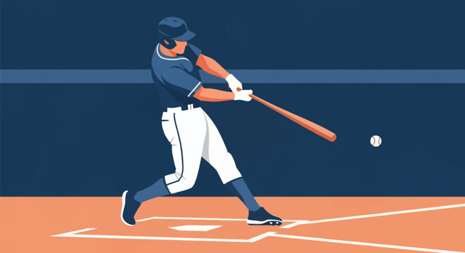 Flat vector illustration of a baseball player swinging a wooden bat to hit a ball at home plate, wearing a navy blue jersey, white pants, and protective helmet on a stylized field.