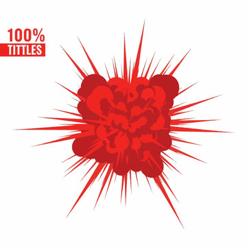 Red vector explosion graphic featuring a central cluster of rounded smoke clouds surrounded by sharp radiating spikes and impact lines, isolated on a solid white background.
