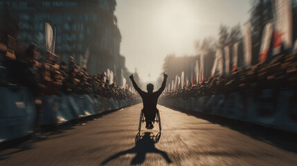 Wheelchair Athlete Celebrating Victory on City Race Track