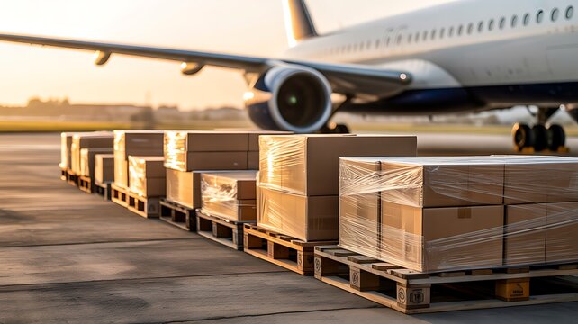 Air cargo pallets on airport runway for global freight transportation