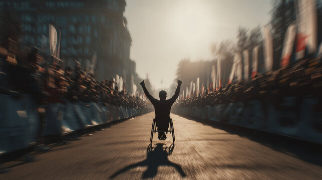 Wheelchair Athlete Celebrating Victory on City Race Track