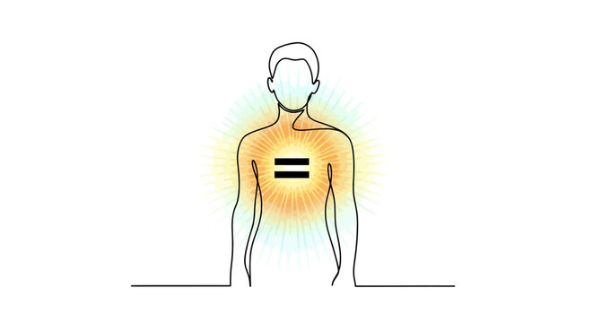 Human body with equal sign on chest, spiritual energy and inner balance concept