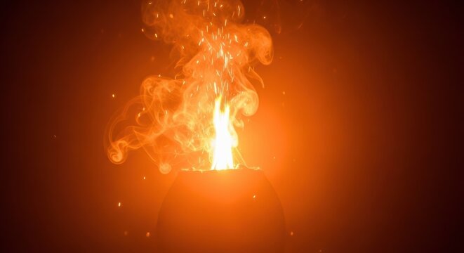 Bright orange flame with swirling smoke and flying sparks rising from a dark silhouette base against a deep orange gradient background, realistic hot ember and fire atmospheric effect.