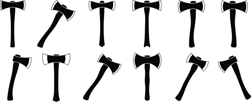 Vintage double bit axe silhouettes set, black lumberjack hatchet collection vector illustration isolated on gray background