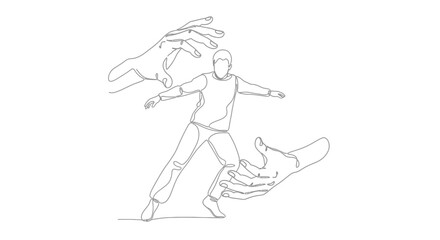 Fototapeta premium Continuous line art of a person caught between protective hands, symbolizing support and care.
