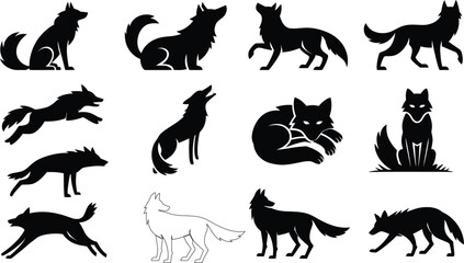 Obraz premium Collection of fox silhouette poses vector set, wild canine animal illustrations isolated, black woodland wildlife icons