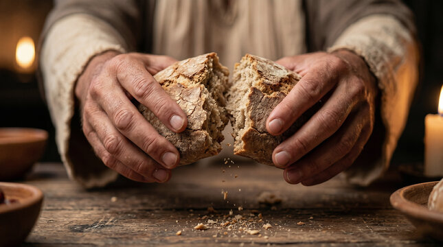 Man holds bread during Last Supper, with disciple men on table. Biblical scene for Easter, Christian church, resurrection concept