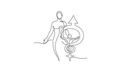 Obraz premium Abstract figure with caduceus and gender symbol, continuous line art, medical concept