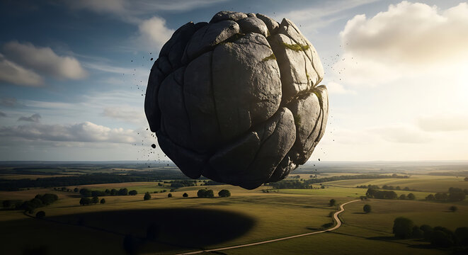 Mysterious glowing orb floating over landscape - A surreal, glowing spherical object hovers above a misty, open field under a dramatic sky, evoking a sense of wonder and mystery.