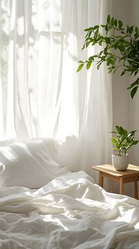 Cozy bedroom interior with white bedding and natural sunlight through sheer curtains