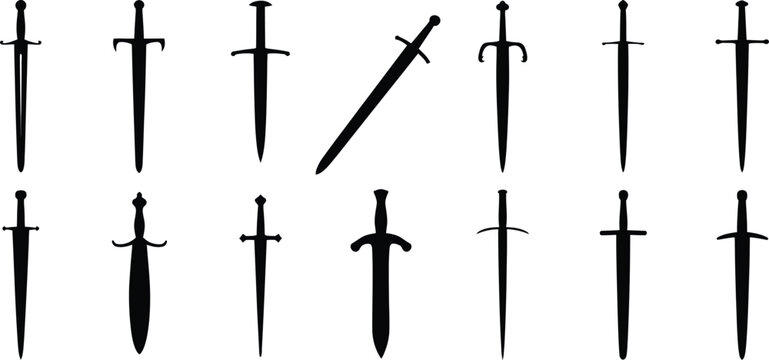 Medieval sword silhouettes collection vector set, ancient weapon icons isolated, historical blades assortment for design projects