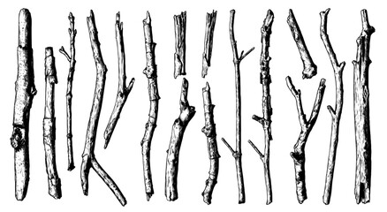 Vertical Hand Drawn Wood Branches Vector Set, Vintage Engraved Rustic Twigs for Forest Borders and Camping Graphic © Aglonema