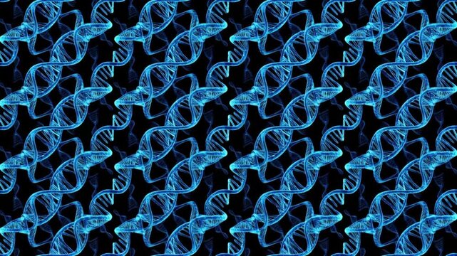 青く発光する二重らせん構造の遺伝子ネットワークとPCR増幅プロセスの抽象アニメーション