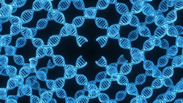 青く発光する二重らせん構造の遺伝子ネットワークとPCR増幅プロセスの抽象アニメーション