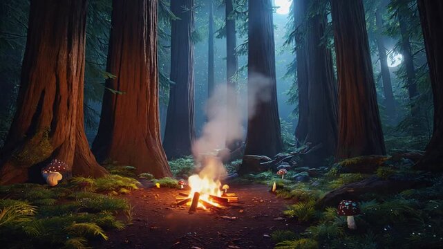 Forest fire burning through trees at night with bright flames