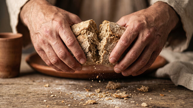 Man holds bread during Last Supper, with disciple men on table. Biblical scene for Easter, Christian church, resurrection concept