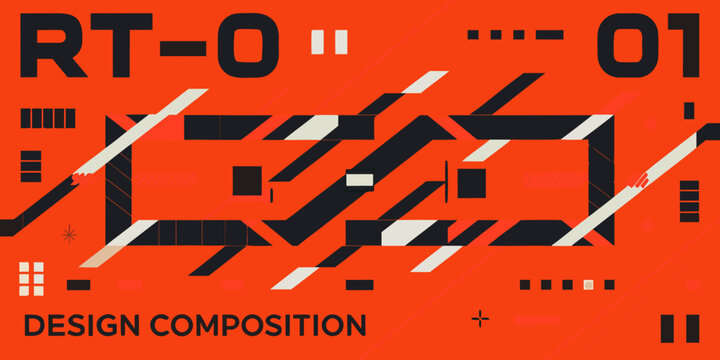 Brutalist graphic composition with geometric shapes and orange background