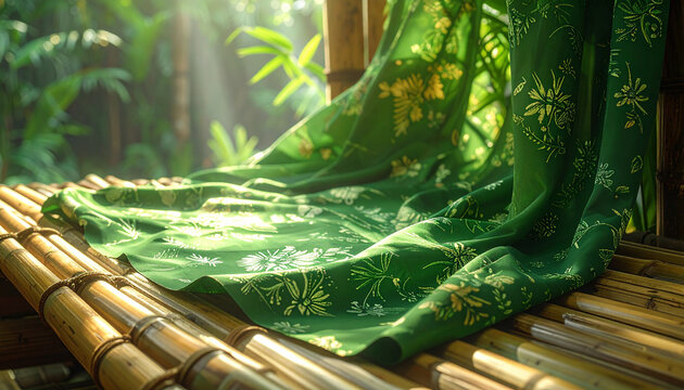 Green fabric with floral patterns on a bamboo surface in natural sunlight