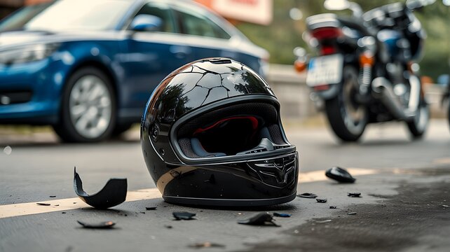 Motorcycle helmet on road after traffic accident with scattered debris