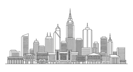 Fototapeta premium Modern city skyline drawn with clean outlines on white background
