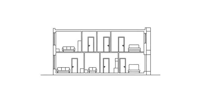 Architectural section drawing of a multi-story building interior.