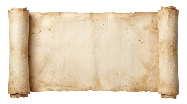 Vintage parchment paper scroll with weathered edges, antique blank papyrus document, rustic textured tan manuscript for historical design isolated PNG with Transparent Background