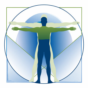 Vitruvian Man Illustration With Geometric Shapes And Blue Green Color Palette