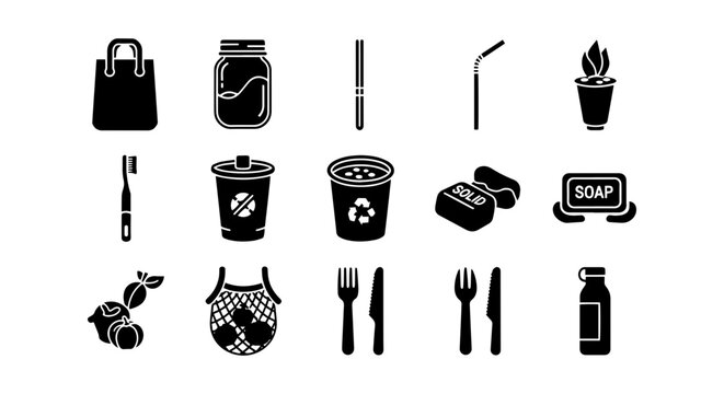 Zero waste icon set, solid black, white background