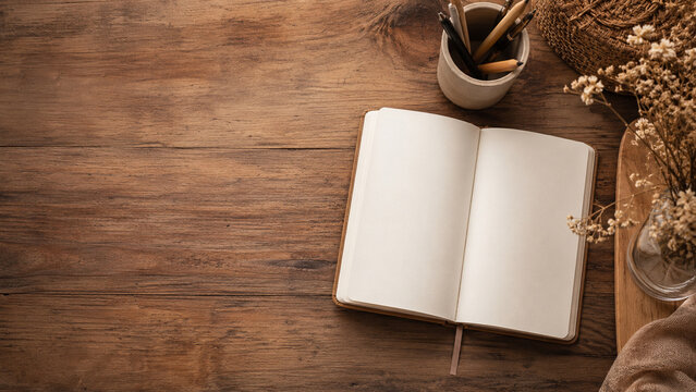 Open blank notebook on rustic wooden table with copy spac