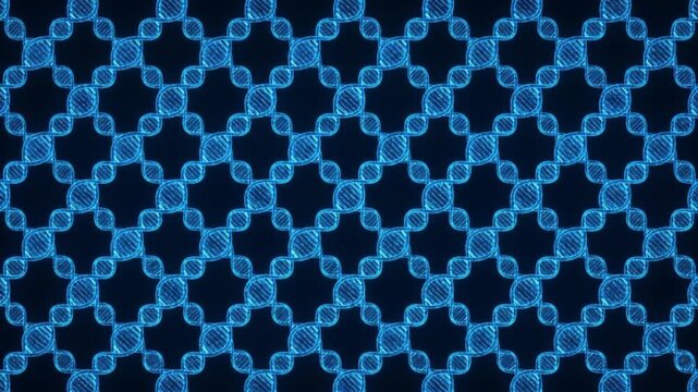 青く発光する二重らせん構造の遺伝子ネットワークとPCR増幅プロセスの抽象アニメーション