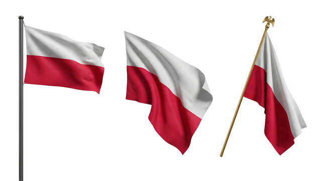 Set of 3 multi-angle variations of Poland small hand waving flag national state symbol wood stick desk mockup, transparent background, PNG