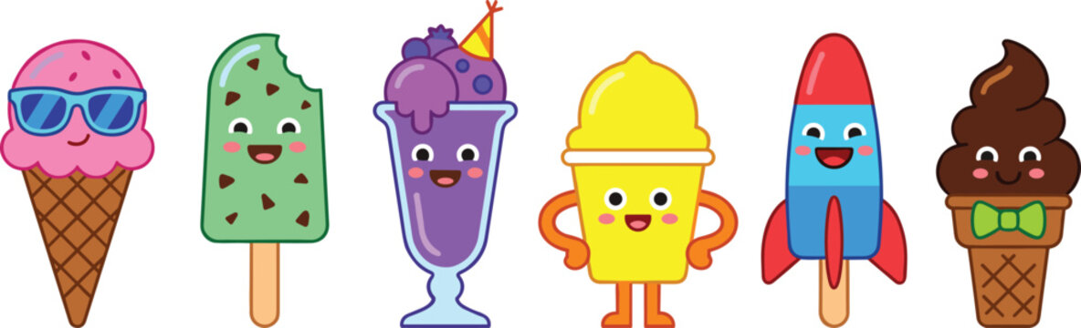 Cute Ice Cream and Frozen Treats Cartoon Character Vector Icon Set Featuring Pink Waffle Cone Mint Popsicle Purple Sundae Glass Rocket Pop and Chocolate Soft Serve