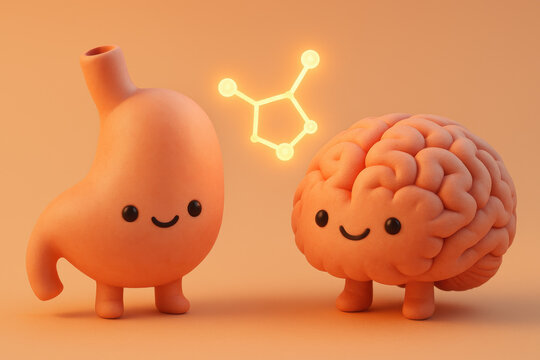 Adorable stomach and brain cartoon character duo with glowing serotonin molecule floating between them, gut mood connection concept on warm peach background