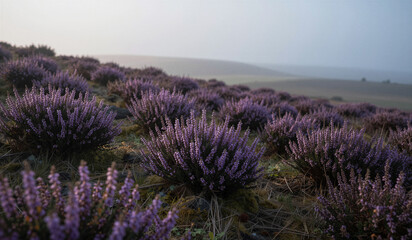 Obraz premium Misty dawn blankets rolling heathland hills. Purple heather clusters dot the grassy slope. Soft light glows over distant, hazy horizons. Silent, serene landscape invites quiet contemplation