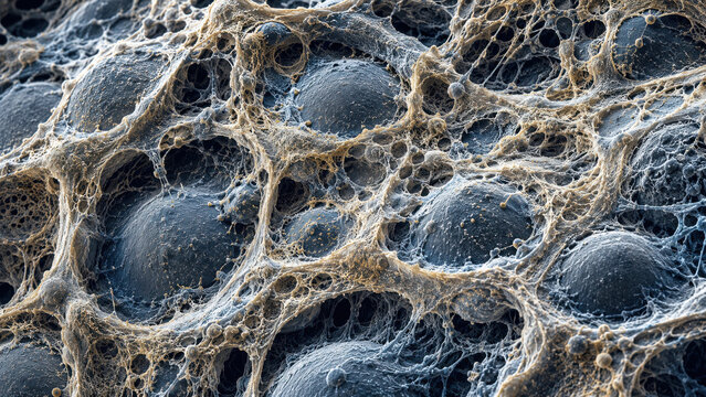 Electron microscope view of interconnected cellular structure across biological surface, revealing organic network pattern with textured detail in cell biology tissue