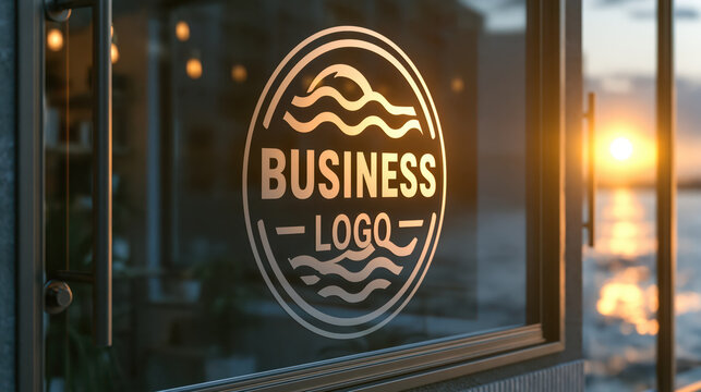 Glass door business logo at sunset with warm light reflection and modern office entrance