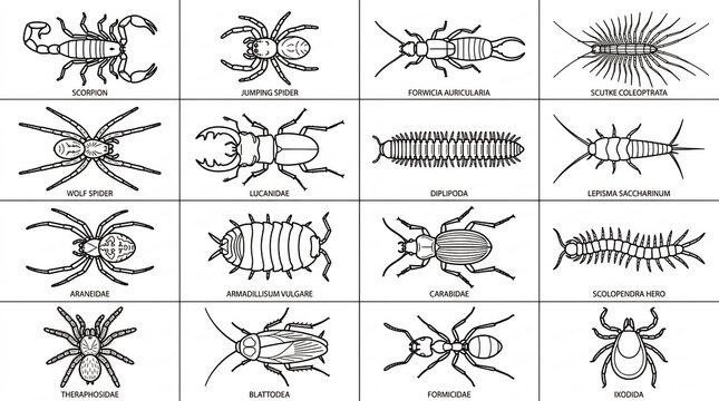 Insects and arthropods line art with scientific labels
