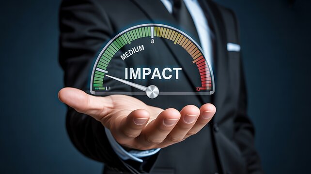 Businessman holding impact performance gauge representing success and business growth