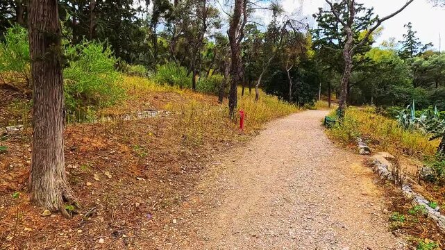 Philopappou Hill in Athens, Greece park point of view pov walking in spring summer with mediterranean landscape