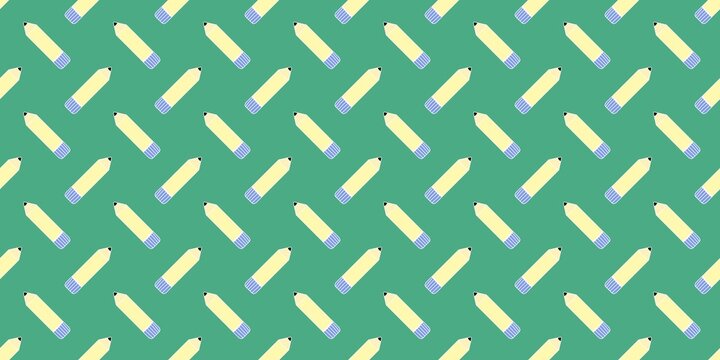 Seamless cute hand-drawn yellow pencils with blue erasers on green background. Great for school, stationery, textile, wallpaper, and wrapping paper design.