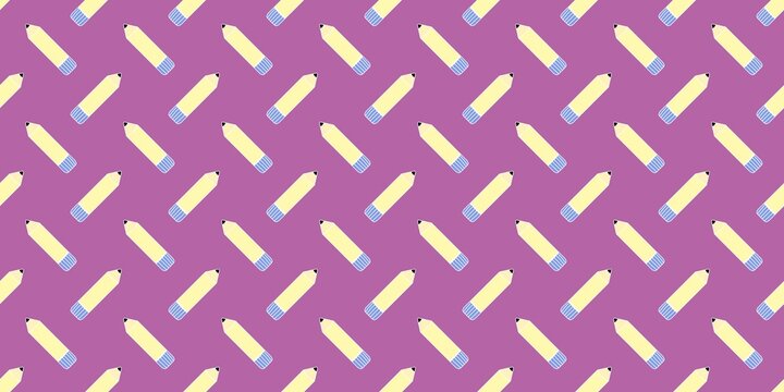 Seamless cute hand-drawn yellow pencils with blue erasers on violet background. Great for school, stationery, textile, wallpaper, and wrapping paper design.