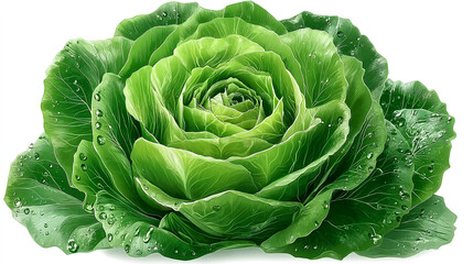 Obraz premium A single fresh head of green lettuce with water droplets on a white background