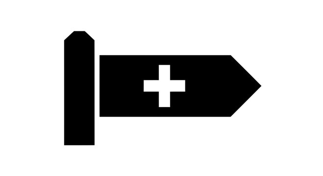 Signpost icon displaying a medical cross symbol indicates the clear direction toward hospital facilities, emergency services, and primary healthcare access points.