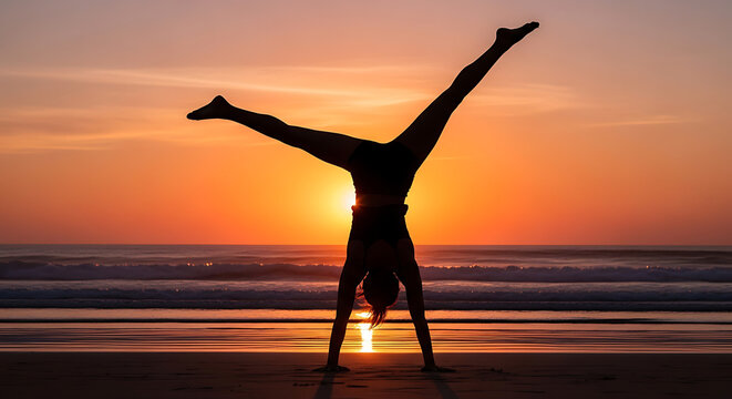 Woman doing handstand at sunset on beach - A woman balancing in a handstand on sandy beach during a vibrant sunset with warm colors lighting the sky.