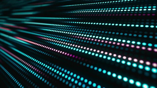 Abstract digital background with glowing blue and pink dots arranged in parallel lines, creating a sense of depth, motion, and futuristic technology