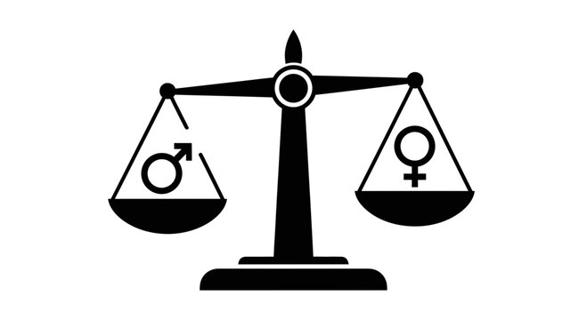 Scales of justice icon featuring male and female gender symbols illustrates the concept of gender equality and parity in society.