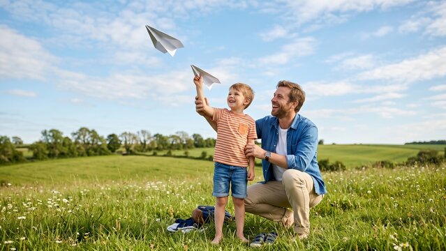 Father and Son Playing with Paper Airplanes in Sunny Field