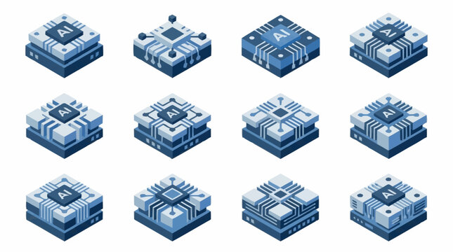 Set of isometric icons representing artificial intelligence chips and processors, symbolizing advanced technology and computing.