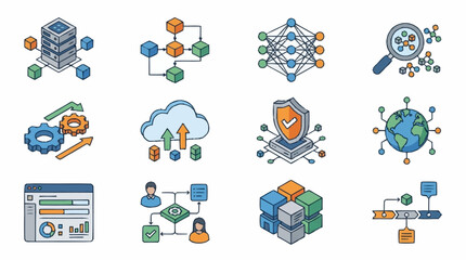 Fototapeta premium Collection of Isometric Icons Representing Data Science, Cloud Computing, and Artificial Intelligence Concepts.